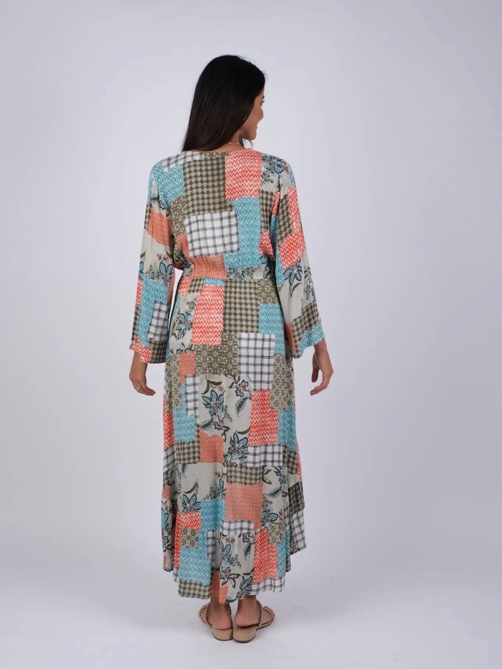 Sacred Threads Patchwork Print Long Kimono in Coral, Turquoise & Olive - Picture 2 of 3